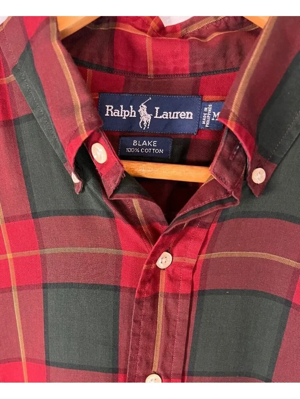 Vintage 90s Polo Ralph Lauren Blake Red Green Plaid Button Down Shirt M Prep